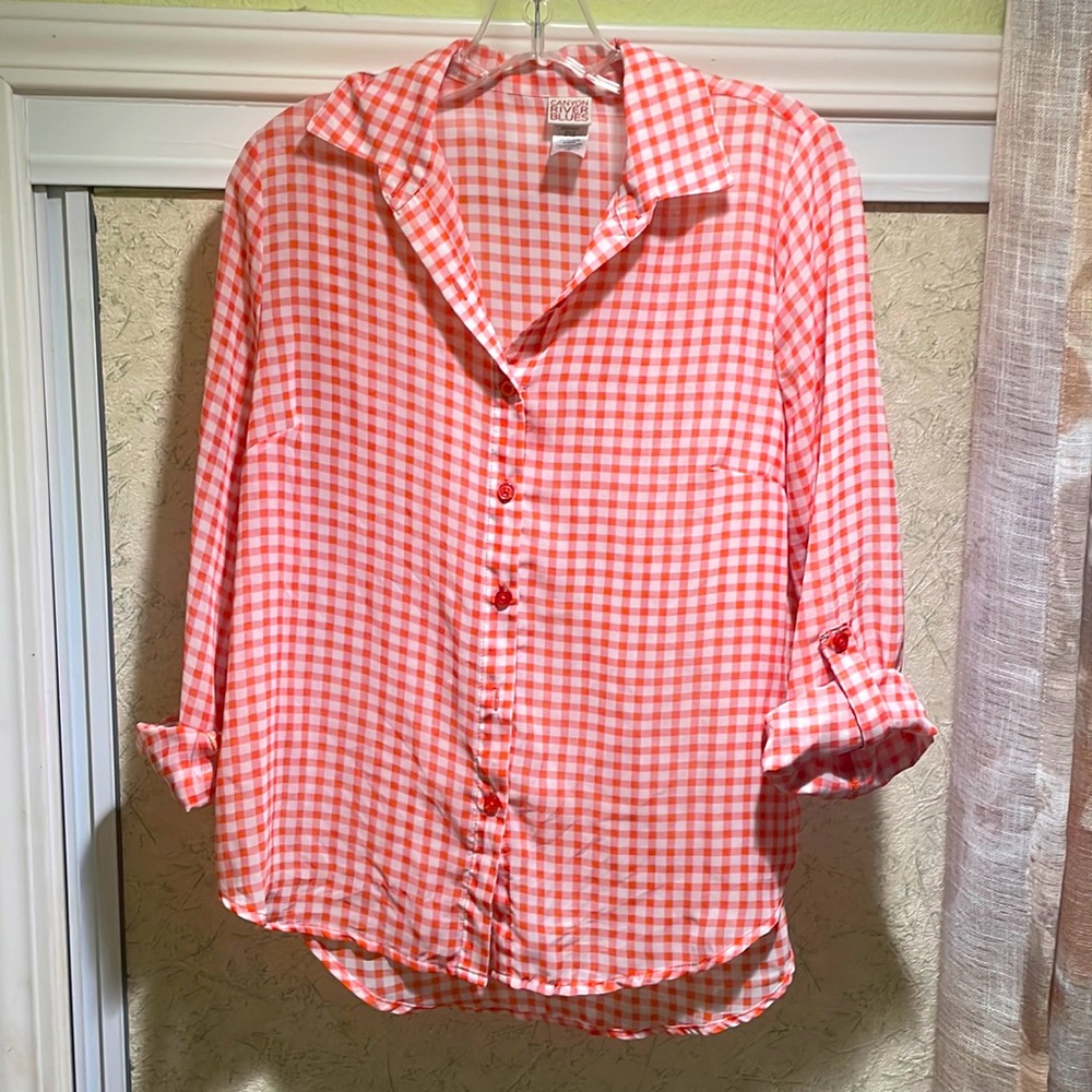 Red plaid chiffon button down shirt